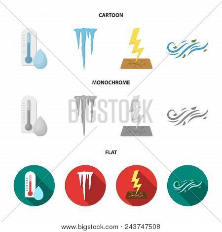 Humidity, Icicles, Thunderbolt, Windy Weather. Weather Set Collection Icons In Cartoon, Flat, Monoch