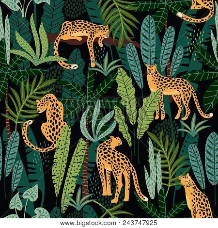 Vestor Seamless Pattern With Leopards And Tropical Leaves. Trendy Style.