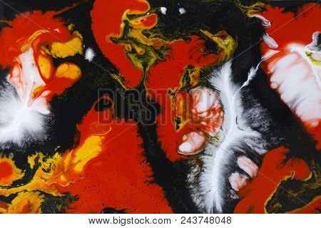 Marble Abstract Acrylic Background. Red Marbling Artwork Texture. Agate Ripple Pattern. Gold Powder