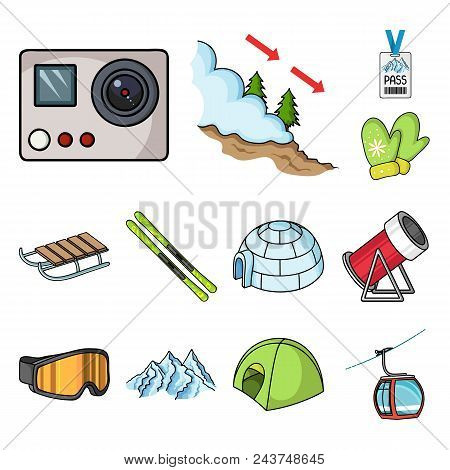 Ski Resort And Equipment Cartoon Icons In Set Collection For Design. Entertainment And Recreation Ve