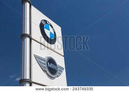 Moscow, Russia - May, 2018: Bmw Mini Cooper Group Car Manufacturer Signage. Bavarian Motor Works, Kn