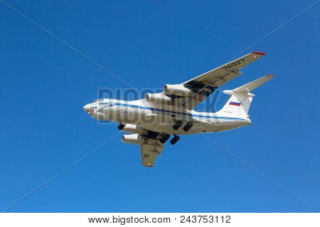Moscow, Russia - Russian Cargo Plane Ilyushin Il-76 Landing In Sheremetyevo 2, Moscow Airport Agains