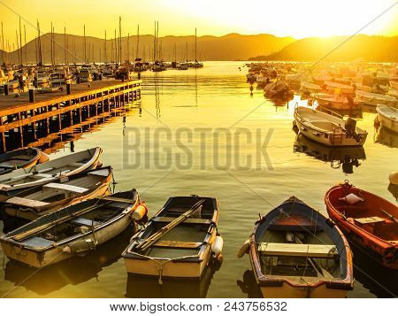 Gulf Of Poets With Sailing And Motorboats At Sunset Light In Lerici Medieval Town In La Spezia Provi