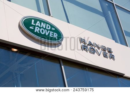 Moscow, Russia - May, 2018: Range Rover And Land Rover Logo Sign On Reseller Dealer Building. Land R