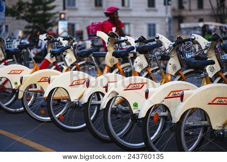 Bike Sharing In Milan. Bicycles Are Available For The Public Transport Ticket