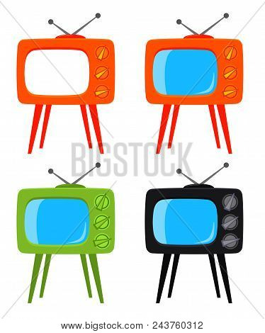 Colorful Cartoon Retro Tv On High Stand Set. Media Theme Vector Illustration For Icon, Sticker Sign,