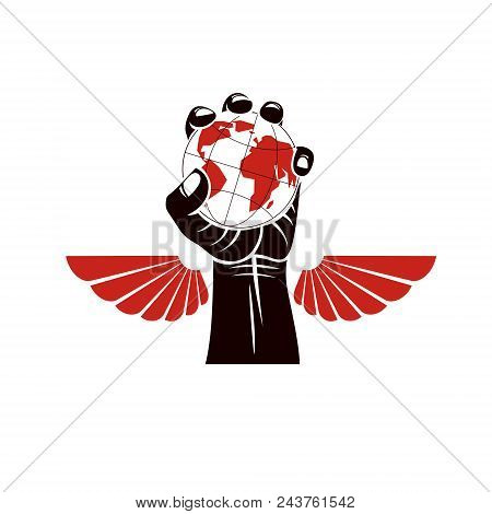 Winged Vector Emblem Composed With Raised Clenched Fist Composed With Earth Illustration. Authority 
