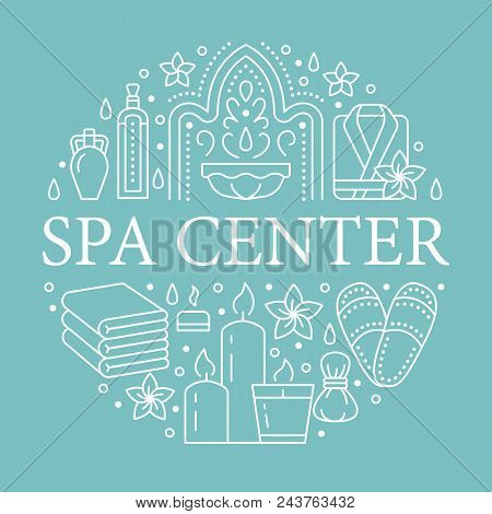 Spa Center Banner Illustration With Flat Line Icons. Essential Oils, Aromatherapy Massage, Turkish S