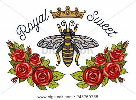 Bee Crown Flowers Embroidery Patch Roses Red. Wasp Honey Bee Bumblebee Floral Leaf Wings Insect Embr