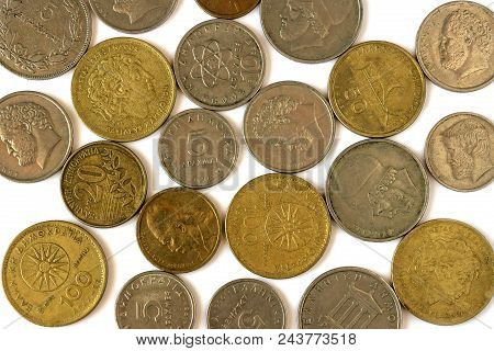 Different Coins Of Old Greek Drachma. Assortment Of Coins- Of One Hundred, Fifty, Twenty, Ten And Fi
