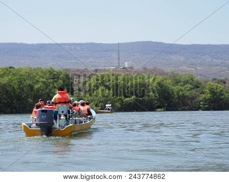 Tuxtla, Mexico North America On February 2018: View Of Motor Boat With Tourists On Grijalva River La