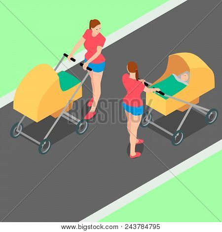 Two Identical Women With Strollers Are Walking In The Park.