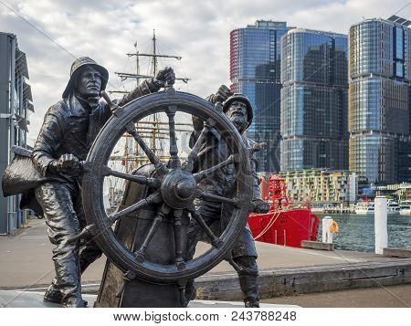 Sydney, Australia - May 22, 2017: Bronze Windjammer Sailors Statue Outside Wharf 7 Building. Concept