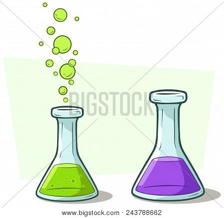Cartoon Chemical Flask With Green, Violet Liquid And Gas Bubbles Isolated On Ehite Background. Vecto