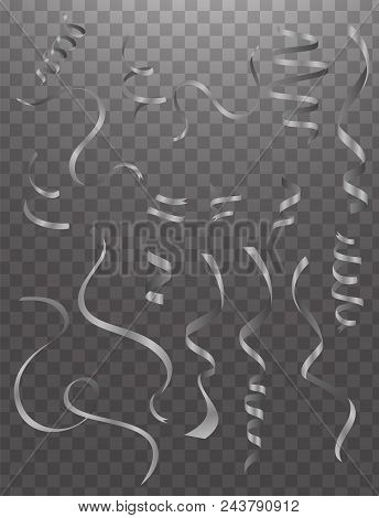 Curly And Glossy Ribbon Isolated Over The White Background, Set Collection Of Three Diffirent Foresh