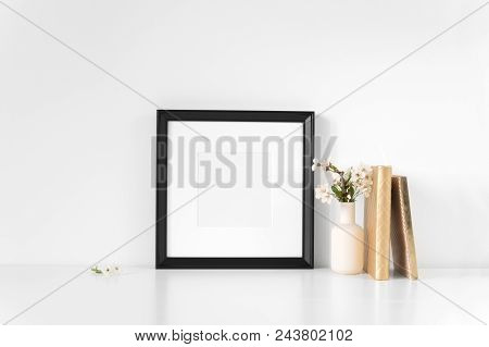 Frame Mock Up With Spring Cherry Bouquet And Gold Notebooks. Mock Up For Your Photo, Design Or Text.