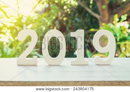 New Year Concept : Wooden Nunber 2019 For New Year On Wood Table With Sunlight.