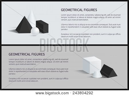 Geometrical Figures Set Banner, Text Sample And Lettering, Blunted Cone And Cube, Square Pyramid, Ge