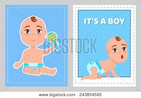 Its A Boy Poster With Toddler Infant In Diaper Crawls On All Fours With Wide Open Mouth And With Rat