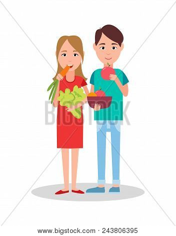 Man And Woman Eating, Poster With Couple, Male With Apples And Female With Carrot And Broccoli, Vect