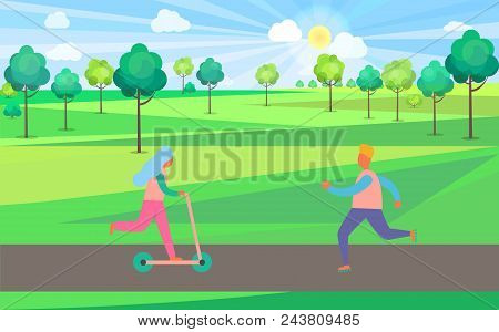 Girl On Kick Scooter And Guy On Skate Rollers Running Towards Each Other. Background Of Vector Illus