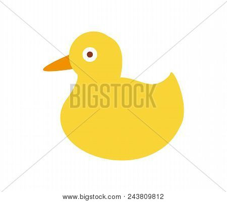 Duck Made Of Plastic, Toy Of Yellow Color With Eyes And Beak, Object For Kids To Bathe With It, Vect