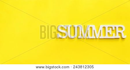 Summer Time White Volume Letters Top View Flat Lay Yellow Background Copy Space Single Banner Concep