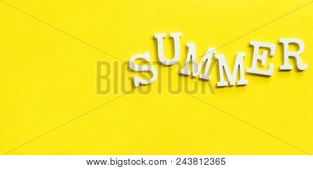 Summer Time White Volume Letters Top View Flat Lay Yellow Background Copy Space Single Banner Concep