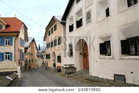 Guarda, Switzerland - May 26, 2016: Traditional Swiss Village On May 26, 2016 In Guarda, Switzerland