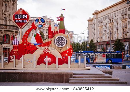 Moscow, Russia - May 31, 2018: Clock Countdown To World Cup-2018 On Manege Square Winter.