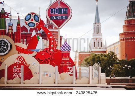 Moscow, Russia - May 31, 2018: Clock Countdown To World Cup-2018 On Manege Square Winter.