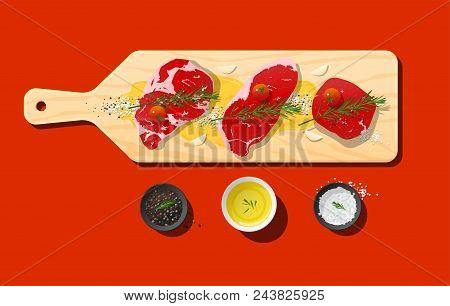 Raw Prime Beef Steaks, Rib Eye, Strip Loin, Tenderloin And Seasoning On Wooden Cutting Board, Vector