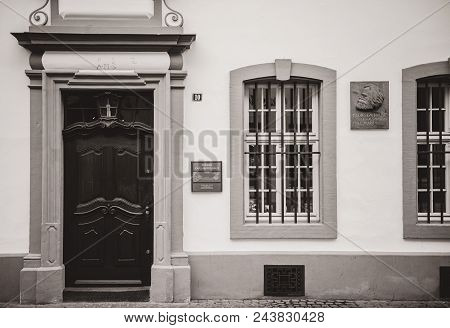Trier, Germany - Feb 21, 2015: Commemorative Plaque On The Facade Of The House Were Karl Marx, The G