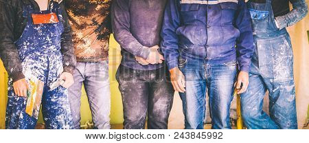 Workers And Builders And  Foreman Are As Gang With Dirty Uniform Are Staying In Apartment That Is Un