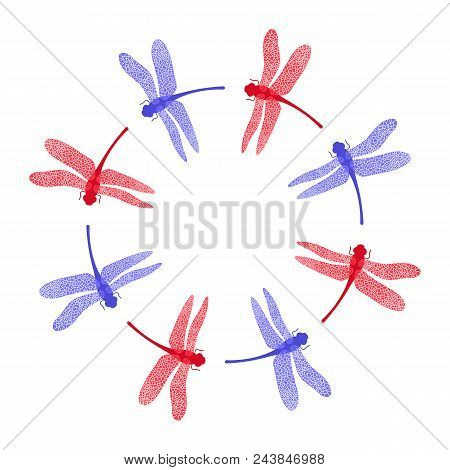 Blue Stilized Red Blue Dragonfly Frame Isolated On White Background. Insect Logo Design. Aeschna Vir