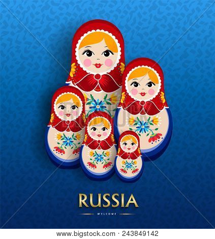 Russian Doll Poster For Russia Tourism. Traditional Matrioska Woman Souvenir With Floral Dress On Bl