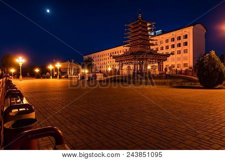 Elista, Russia - May 5, 2018: Night View Of Pagoda Of The Seven Days In The Central Square Of Lenin 