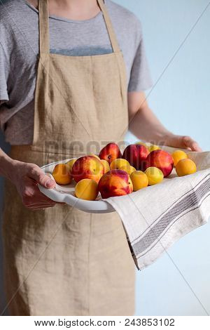 A Man Is Holding A Tray Fukk Of Fresh Apricots And Peaches From The Garden.