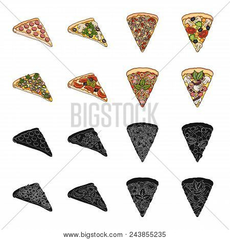 A Slice Of Pizza With Different Ingredients. Different Pizza Set Collection Icons In Black, Cartoon 