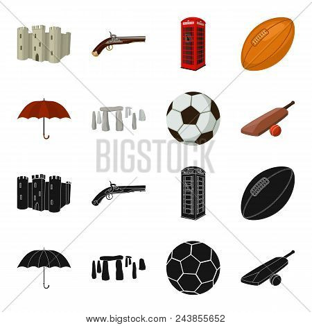 Umbrella, Stone, Ball, Cricket .england Country Set Collection Icons In Black, Cartoon Style Vector 