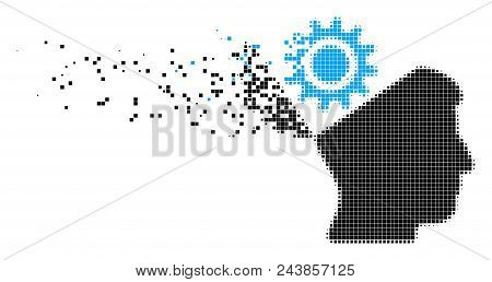 Dispersed Open Head Gear Dot Vector Icon With Destruction Effect. Rectangular Pieces Are Grouped Int