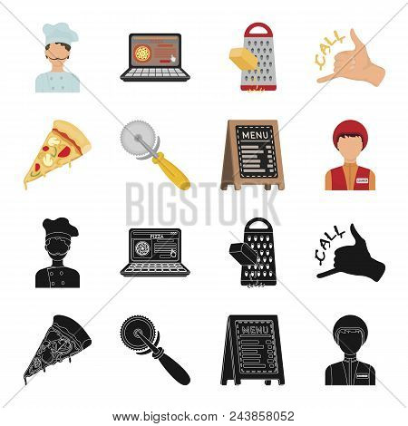 A Pizza Cutter, A Slice, A Menu In A Pizzeria, A Courier. Pizza And Pizzeria Set Collection Icons In