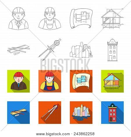 Drawing Accessories, Metropolis, House Model. Architecture Set Collection Icons In Outline, Flat Sty