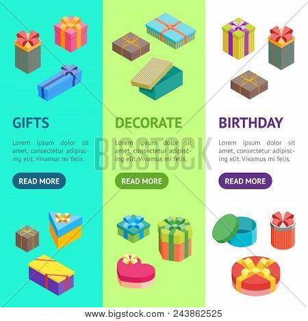 Cartoon Present Boxes Banner Vecrtical Set Packaging Holiday Gift Concept Flat Design Style. Vector 