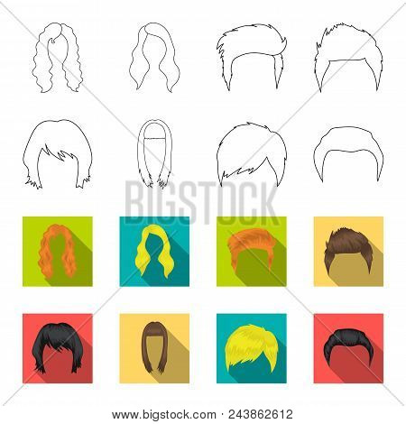 Mustache And Beard, Hairstyles Outline, Flat Icons In Set Collection For Design. Stylish Haircut Vec