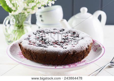 Healthy Light Dessert. Tasty Homemade Cake With Bird Cherry Flour, Cowberries And Black Currants Ser