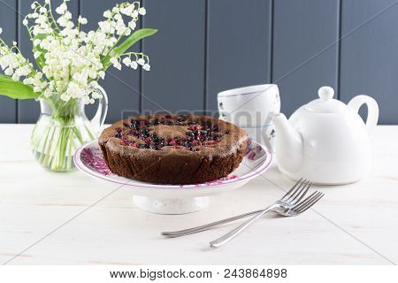 Healthy Low Calorie Dessert. Tasty Rustic Cake With Bird Cherry Flour, Cowberries And Black Currants