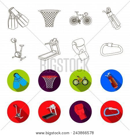 Exercise Bike, Treadmill, Glove Boxer, Lock. Sport Set Collection Icons In Outline, Flat Style Vecto