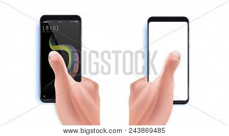 Hand Holding Black Smartphone And Finger Touch On Creative Design Screen On White Background With Sh