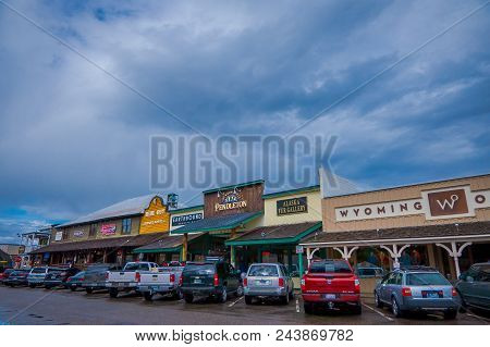 Jackson Hole, Wyoming, Usa - May 23, 2018: Outdoor View Of Tourists Walk On The Main City Street In 